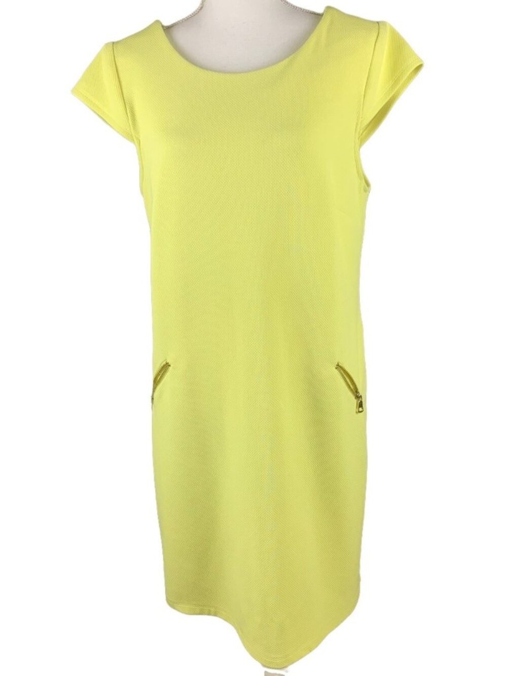 Madison Leigh Yellow Textured Dress With Gold Zipper Accents Size 14